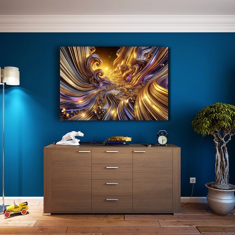 Cuadro decorativo personalizado RÃ­o de Luz Dorada: Viaje Abstracto al CorazÃ³n del Flujo CÃ³smico