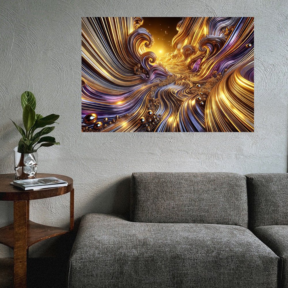 Cuadro decorativo personalizado RÃ­o de Luz Dorada: Viaje Abstracto al CorazÃ³n del Flujo CÃ³smico