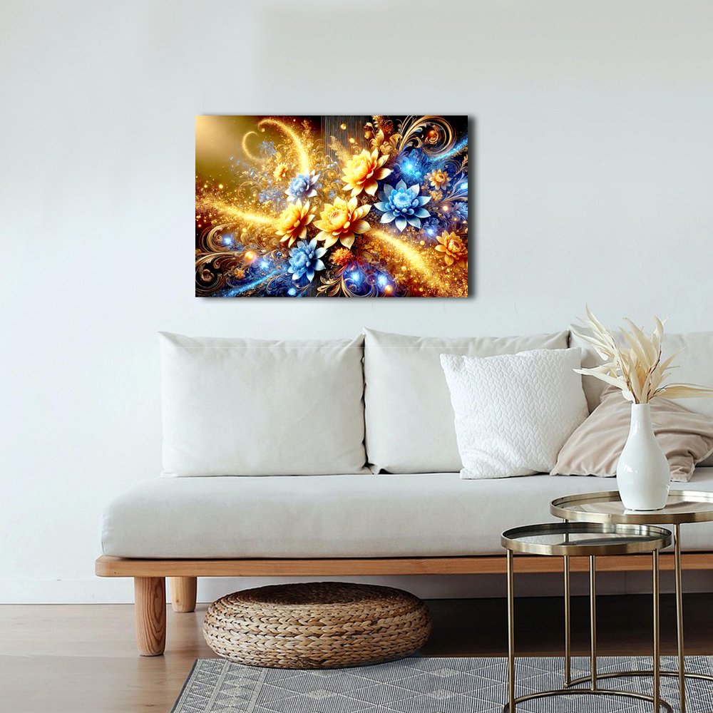 Cuadro decorativo personalizado  JardÃ­n de Luz: FantasÃ­a Floral en Dorado y Azul