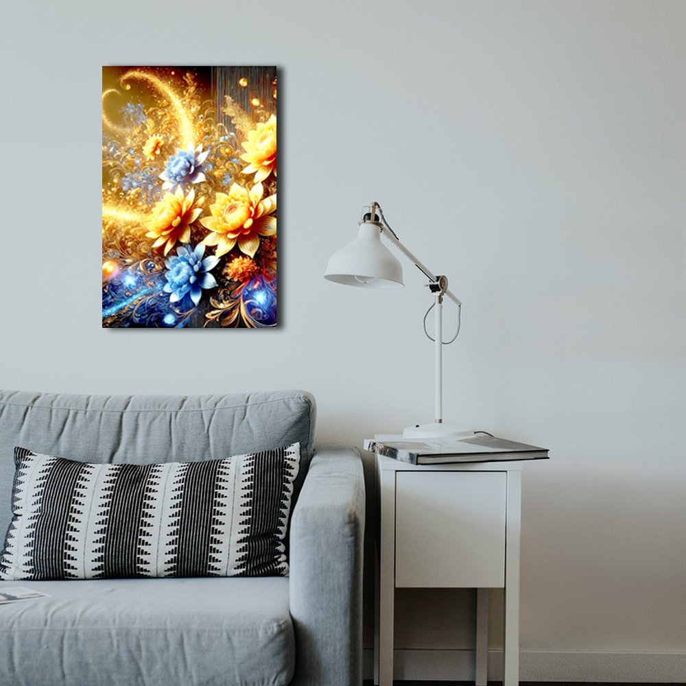Cuadro decorativo personalizado  JardÃ­n de Luz: FantasÃ­a Floral en Dorado y Azul