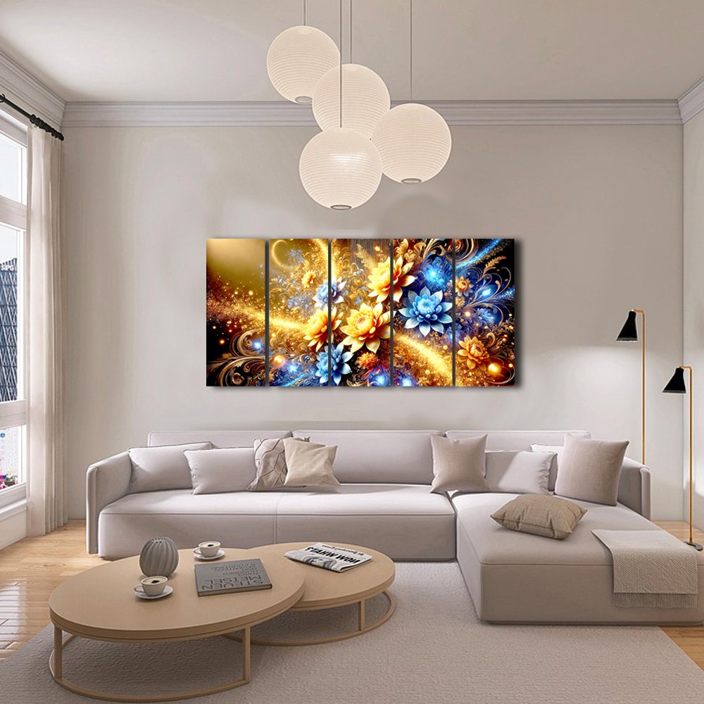 Cuadro decorativo personalizado  JardÃ­n de Luz: FantasÃ­a Floral en Dorado y Azul