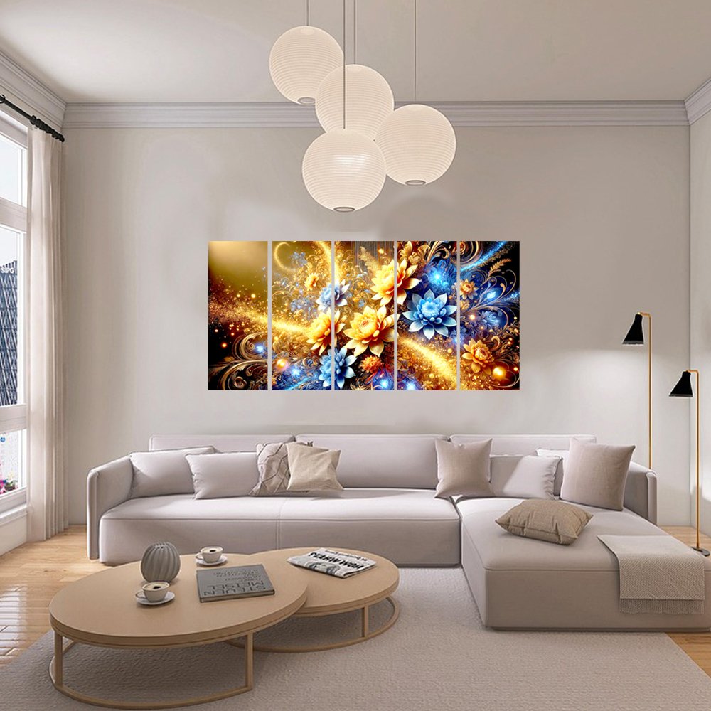 Cuadro decorativo personalizado  JardÃ­n de Luz: FantasÃ­a Floral en Dorado y Azul