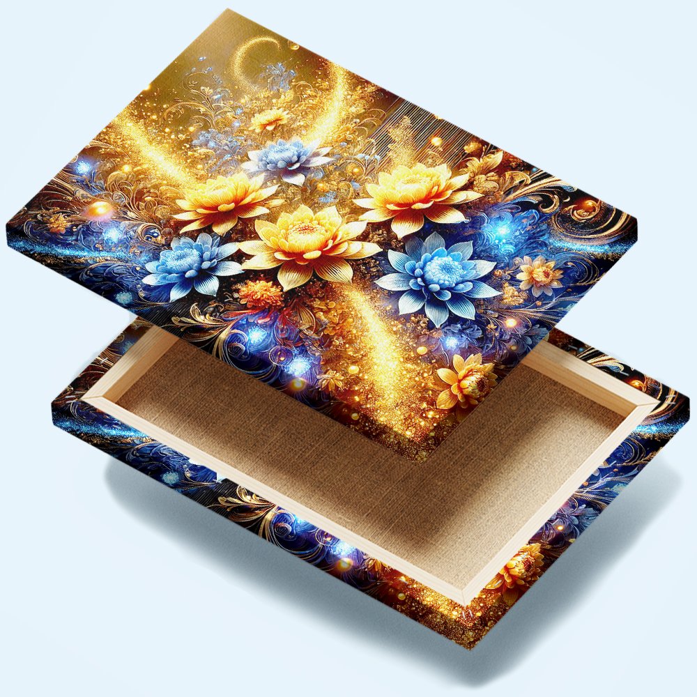 Cuadro decorativo personalizado  JardÃ­n de Luz: FantasÃ­a Floral en Dorado y Azul
